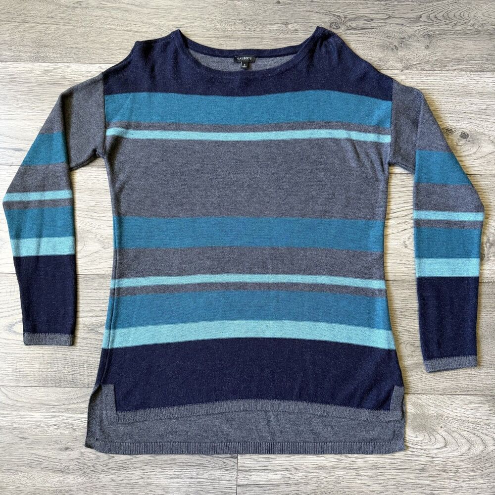 Talbots Striped Boatneck Sweater - Blue & Gray Colorblock - Size Small